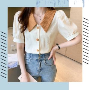 QXshop สวยฉ่ำมาก เสื้อแฟชั่นผู้หญิงรุ่นใหม่ เนื้อผ้าดี ทรงสวย คอปกสีตัดกับตัวเสื้อ ใส่แล้วน่ารักละมุนสุดๆ ราคาถูก คุ้มมากรุ่นนี้ ต้องมีนะคะ