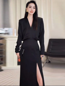 Elegant Black Asymmetrical Dress Set for Important Autumn Winter Occasions Womens High Waist A-Line Skirt Long Sleeve V-Neck