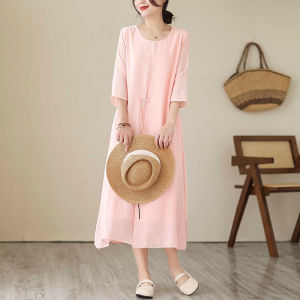 Váy Vải Lanh Cotton Dáng Rộng Mùa Hè Cho Nữ Váy Dài Đi Du Lịch Phong Cách Nghệ Thuật Cỡ Lớn Che Bụng Váy Dài Đến Sàn