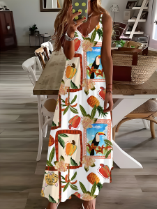 Printed Design Four Seasons casual style Tropical Fruit And Toucan Print V-neck sling dress