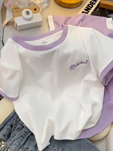 COD✅[Philippines stock] Women Korean Style Cotton Tops Embroidered Crop Top Short Sleeve Round Neck T-shirt