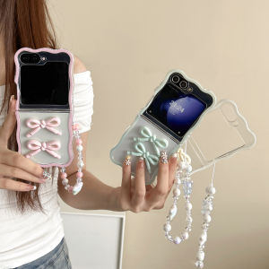 Shockproof Samsung Z Flip 7 6 5 4 3 3D Bow on Wavy Edge Design Case Cute Chic With Lanyard Bracelet Ultra-Thin Silicone Cover