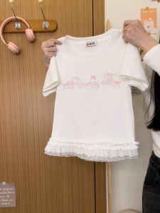 Kreamy Universe Embroidered Letter Lace Trim Short Sleeve T-Shirt Women Sweet Little Girl Short Top New Style Korean Version Slim Fit Cotton Blend