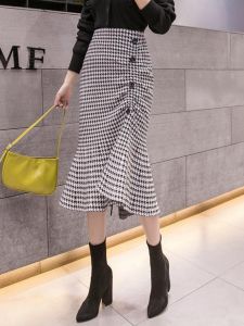 High Waist Plaid Fish Tail Skirt Womens Mid-Length Thin Summer Slimming Step-In Wrap around Skirt Elegant Split A-Line Dress