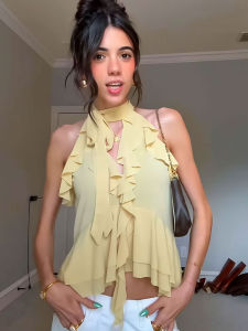 เสื้อกั๊กผู้หญิง HH ดีไซน์หรูหราสำหรับฤดูร้อน แฟชั่นคอ halter ไร้แขน เปิดไหล่ แต่งระบายชายเสื้อ ผูกเชือก สวมใส่ได้ทุกวัน สีเหลือง