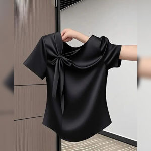 BINKAFENNY | Plus Size Womens T-Shirt Black Butterfly Knot Short Sleeve Summer Top Super Slimming Effect Korean Style Commute Fashion