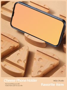 Cute Cartoon Engraved Wooden Mobile Phone Stand Desktop Cheese Shaped Real Wood Decoration Mobile Holder Home Office Use