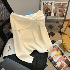 Elegant Butterfly Knot Long Sleeve T-Shirt Womens Spring New Style Knitted Shirt Gentle Style Ultra Short Length Glue Bead