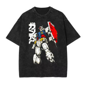 Bandai | 2026 New Gundam Mobile Suit Quality T-Shirt Men and Women Cotton Vintage Washed Print Retro Streetwear Sports Fashion Tops