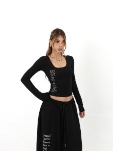 BlingGirls Spicy Girl U-Neck Rhinestone High Elastic Slim Fit Solid Color Womens Shoulder Appropriate Long Sleeve T-Shirt Base Top