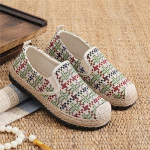 รองเท้าผ้าสไตล์ปักกิ่งแบบเก่ารองเท้าสลิปออนแบบลำลองสไตล์ชนเผ่าแมทช์ลุคง่ายสำหรับคนขี้เกียจรองเท้าชั้นเดียวพื้นนิ่มกันลื่นระบายอากาศได้ดีรองเท้าคุณแม่