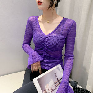 Áo Sơ Mi Nữ Yimei tay áo dài loa áo lưới 2023 mùa thu mới cổ chữ V gợi cảm Áo phông xếp li Áo lót màu đen đẹp và mỏng