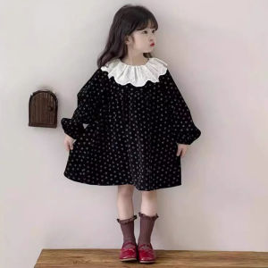 Autumn Kids Flower Dress Contrasting Lapel Style Girls Dress Spring Baby Kids Pure Cotton Long Sleeved Lace Sweet Princess Dress