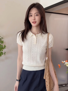 PEIXI | Lace Peter Pan Collar Short Sleeve Fitted Knit Top