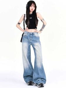กางเกงยีนส์ทรงหลวมขาตรงสำหรับผู้หญิง กางเกงขายาวทรงหลวมสไตล์อเมริกัน กางเกงขายาวทรงขากว้างแบบมีรอยยับ กางเกงยีนส์ทรงหลวมสำหรับผู้หญิง