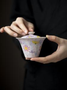 High-End Japanese Style Ceramic Tea Bowl with Lid Personal Tea Set Tea Cup Hand-Painted Drawing Non-Scalding Tea Utensils