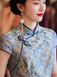 Blue Silk Cheongsam Wedding Dress Young Style Improved Chinese New Version True Silk  Silk High End Matron of Honor Outfit