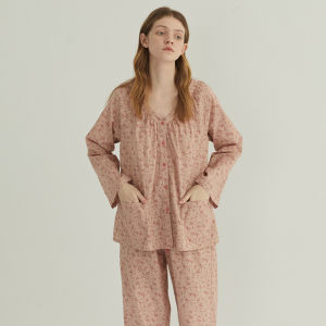 Dodococo V-neck Front Buckle Cotton Floral Pajamas Womens Spring and Autumn Long Sleeve Loose Thin Sweet Home Wear Suit