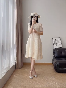 KESHANGYI Womens Pleated Balloon Dress High Waist Loose Fit Midi Dress Korean Style Slimming A-Line Summer Solid Color Pink 7003