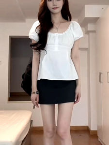 White U-Collar Puff Short Sleeve Shirt Womens Summer French Style Plus Size Loose-Fit Belly Covering Stylish Youthful Short Tops