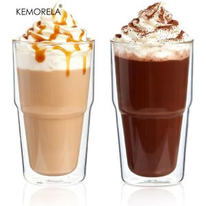 KEMORELA 473ML Double Wall Glass Tumbler 2PCS Clear Insulated Borosilicate Glasses for Iced Coffee Cold BrewSmoothie Cocktail