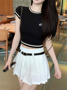 Áo Thun Dệt Kim Tay Ngắn Màu Khối Thời Trang Mùa Hè Cho Nữ Váy Chữ a Cạp Cao Đa Năng Váy Ngắn Ôm Sát