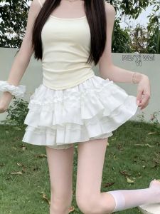 YIWEIYI | Sweet White Lace Layered Short Skirt Flare A-line High Waist Slim