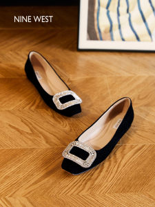 Nine West French Style Square Buckle Flat Shoes Womens Slip-On Diamond Embellished Casual Loafers Leather Lined Flats