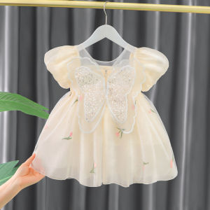 Princess Style Champagne Wings Mesh Skirt for Baby Girls Summer New Trend Short Sleeve Cotton Korean Version Commute Style