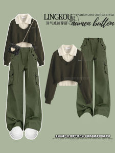 Fall Plus Size Denim Casual Suit Womens Knitting Bottoming Shirt Loose Sweater High Waist Slim Looking Casual Working Pants Three-Piece Set