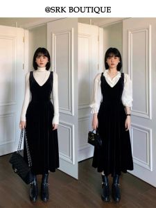 Váy Nhung Đen SRK 2024 Thu Đông Cao Cấp Mới Nhỏ Gọn Thắt Eo Thon Gọn Áo Vest Bên Trong Váy Chữ a Cổ Chữ V