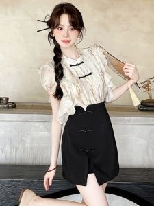 New Chinese Style National Trend Printed Shawl Collar Asymmetrical Hemline Skirt And Blouse Two-Piece Set Summer Fashion
