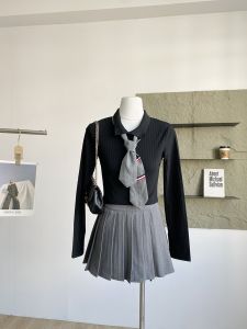 Spring 2025 Womens Slim Fit Short Sleeve Polo Shirt Black Long Sleeve Commute Style Korean College Style Tie Female Shirt