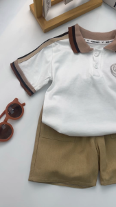 Baby Boy Clothes Set Color Block Striped Collar Polo Shirt Embroidery Logo Top Elastic Waist Khaki Label Pocket Shorts 2PCS Summer Outfit for 6 Months-6 Years Old