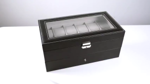 12 Slot PU Leather Lockable Watch Storage Boxes 2-Tier Jewelry Display Drawer Case with Glass Lid