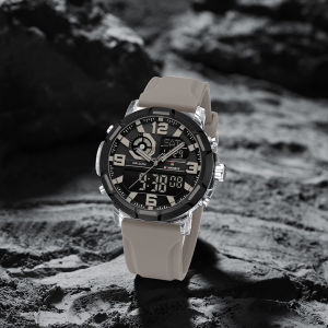 NAVIFORCE Original Dual Time Watch for Men LCD Digital Quartz Movement Multi-functional Calendar Date Night Pattern Silicone Strap Waterproof 50m Mens Fashion Leisure Outdoor Watch NF7130