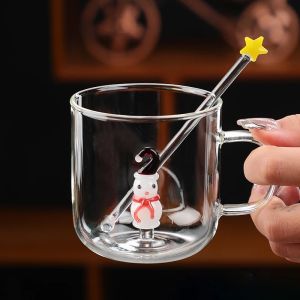 Cartoon 3D Mugs for Christmas Transparent Glass Cups for Coffee Water Juice Mug Snowman Santa Animal Cup Christmas Gift