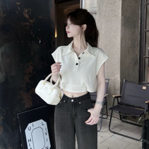 Áo Thun Cổ Polo Giản Dị Hở Eo Phong Cách California Thời Trang Nữ Áo Thun Tay Ngắn Dáng Rộng Màu Trơn Mùa Hè Thường Ngày