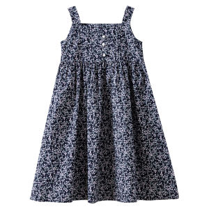 Summer Floral Cotton Dress Girls Mid-Length One-Piece Clothing Holiday Country Style Strap Dress Soft Pure Cotton Floral Skirt