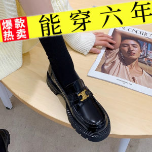 รองเท้า Loafers หนังแท้ ทรงหนา ทรงสูง สำหรับผู้หญิง รองเท้าหนังแท้ สไตล์อังกฤษ รองเท้าหนังสีดำ รองเท้าส้นแบนแบบสวมสบาย