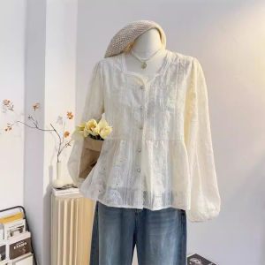 Áo Sơ Mi Ren Thêu Tay Dài Rộng Rãi Cổ Vuông Kiểu Pháp Cho Nữ Mùa Xuân 2025 Phong Cách Hàn Quốc Áo Nhỏ