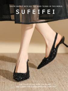 รองเท้าแตะส้นสูงหัวแหลมสไตล์เกาหลีสำหรับผู้หญิง ทรงหัวมน ด้านข้างเปิด ด้านหลังปิด พื้นยาง ฤดูร้อน 2025 สไตล์ย้อนยุค