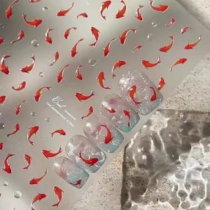 1pc Red Koi Fish Nail Art Stickers Self-Adhesive Goldfish Pattern Nail Decals Summer Water Drop Design Nail Decoration Accessory