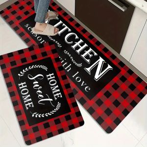 VIKAMA Đen Đỏ Chống Mệt Mỏi Nhà Bếp Chạy Thảm Bò Tót Kẻ Sọc Chống Thấm Nước Thảm Chống Trơn Trượt Cho Trang Trí Nhà 1/2 Bộ