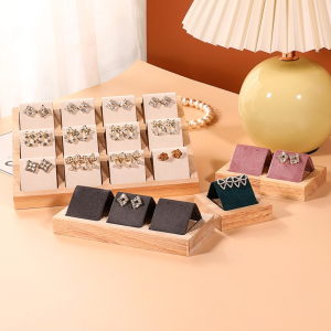 Bamboo Wood Earrings Display Stand DIY Velvet PU Leather Jewelry Storage Tray for Window Counter Props Show