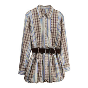 Floral Lantern Puff Vintage Style Stripe Plaid Waist-cinching Belted Dress