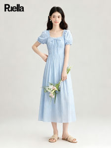 puella | Elegant Square Neck A-Line Long Dress Bubble Sleeves