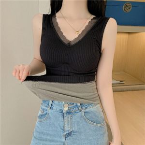 chaqi | Fleece Lined Thickened Warm Vest Womens 2024 New Autumn Trend Suit Inner Wear Base Shirt With Chest Pad Strap Design