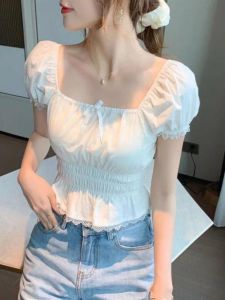 French Style Pure Color Shirt Lace Bubble Sleeve Pleated Short Tight Fit Waist Cinched Womens Short Sleeve Fashion Summer Top