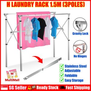 H MODEL - 1.5M ( 3 POLES NO WHEEL) Stainless Steel Extendable Drying Rack| Foldable Laundry Rack| Drying Rack| Laundry| Laundry Organiser| Drying Rack clothes| Drying clothe Folding| Cloth Laundry Drying Rack Retractable| Space Saving storage